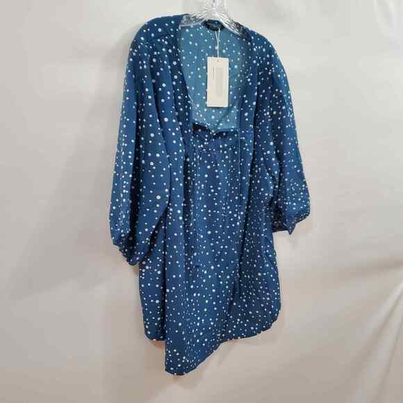 Bloomchic Blouse Women's 3X Blue 3/4 Sleeve White Polka Dot Tie Neck Plus NWT - Picture 3 of 8